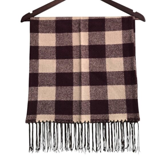 Ralph Lauren Burgundy Plaid Wool Fringe Scarf - Picture 1 of 5
